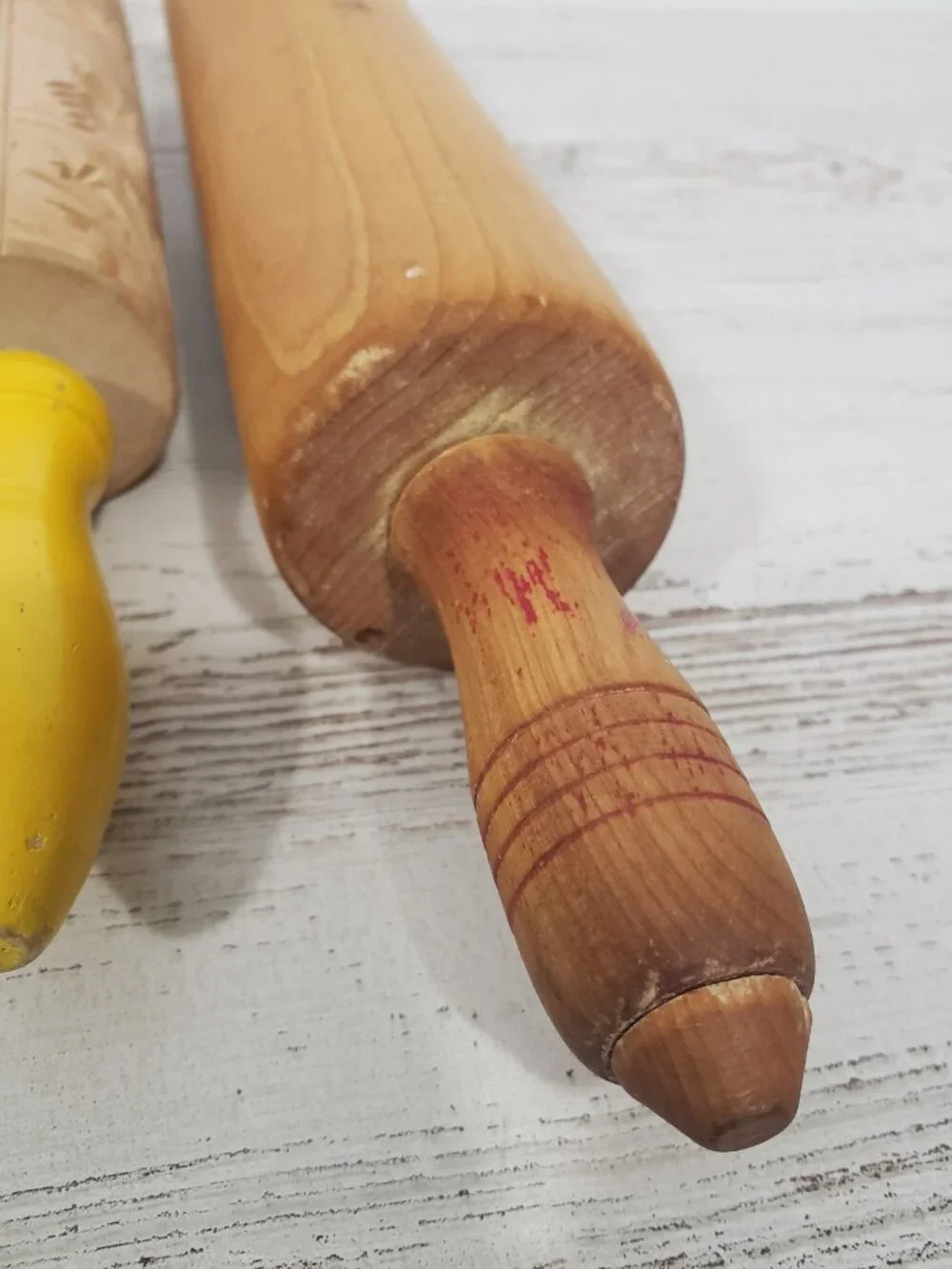 2 wooden rolling pins - 1 with cut out designs 16